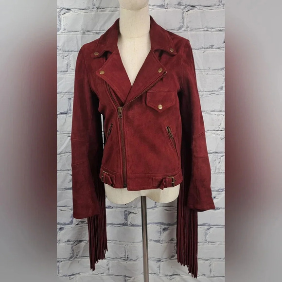 Nasty Gal Women's Leather Real  Suede Jacket Fringe Western Boho Red Small - Picture 1 of 16